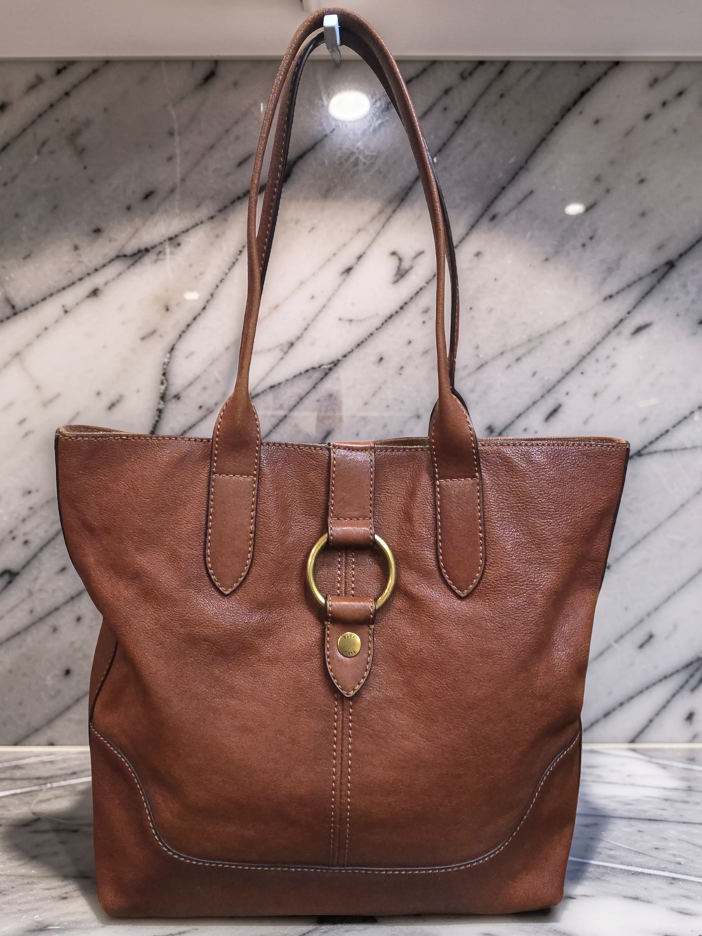 FRYE Leather Ring Shopper Tote Bag Cognac Brown